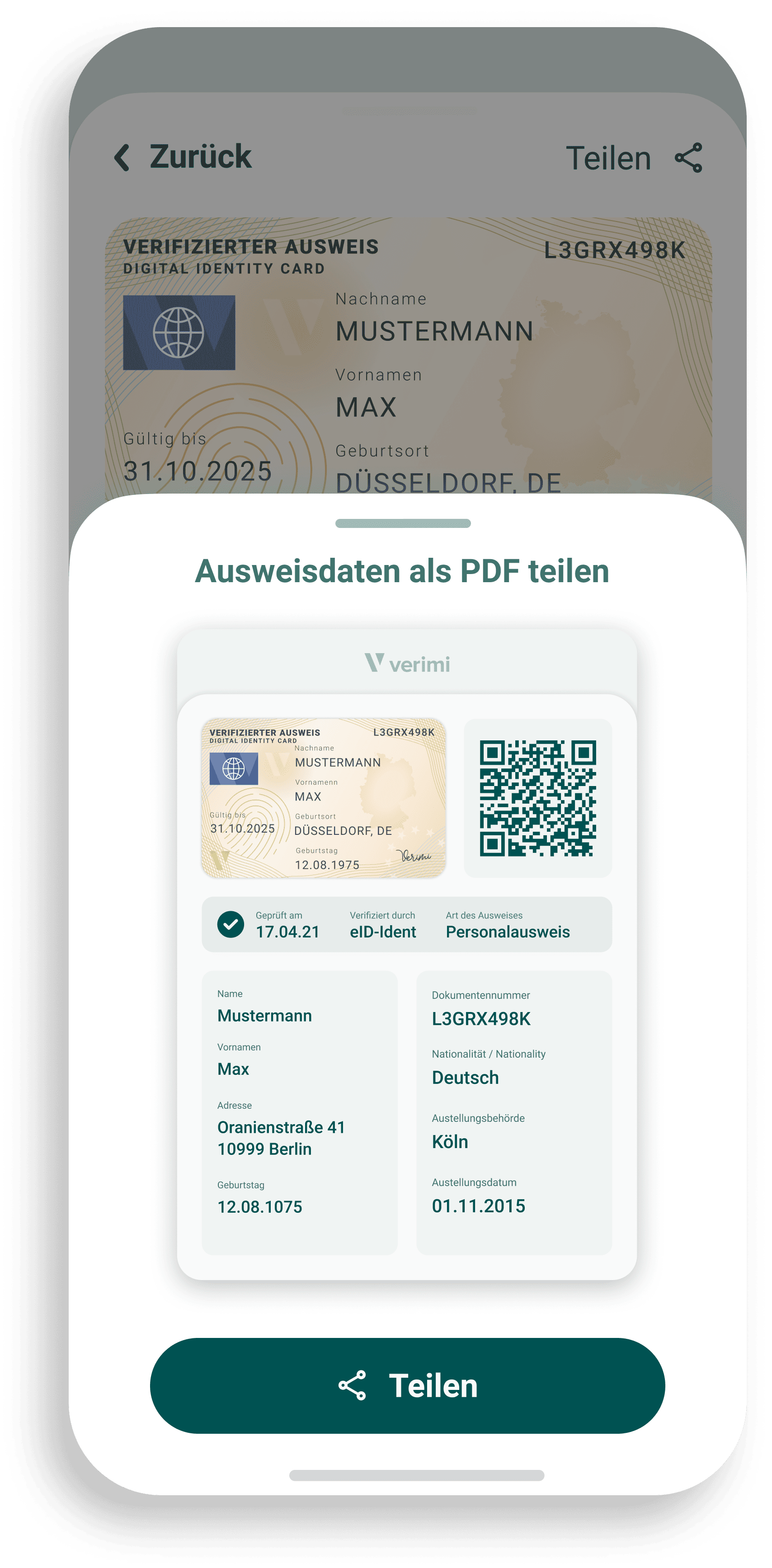 A screenshot showing the Verimi ID wallet App function to share ones ID as a PDF