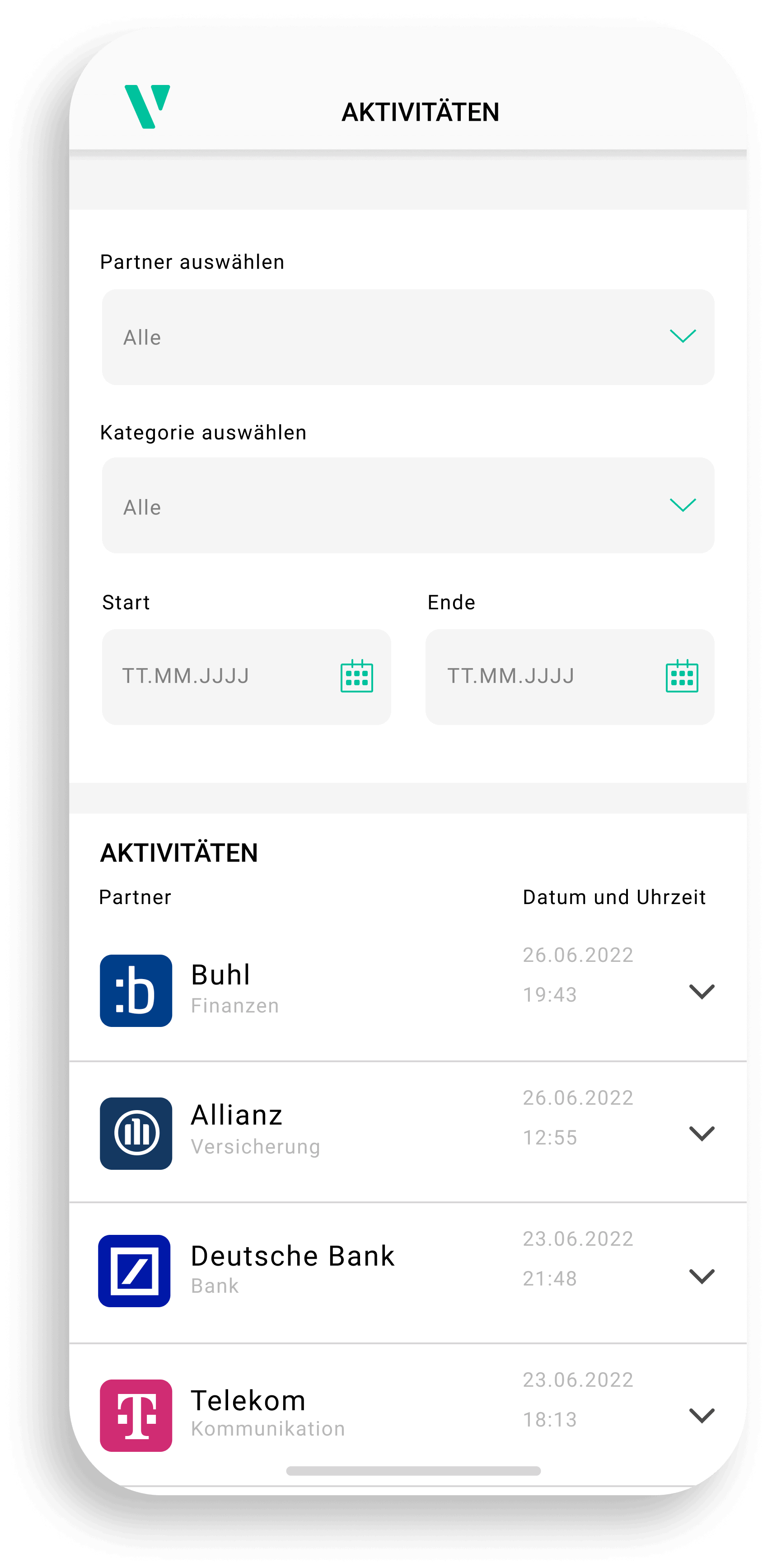 A screenshot from the Verimi ID Wallet App showing recent activities within the App